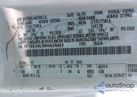 2006 Ford E-350 Super Duty Commercial/Recreational из США, поврежденный, VIN 1FTSE34L66HA34423